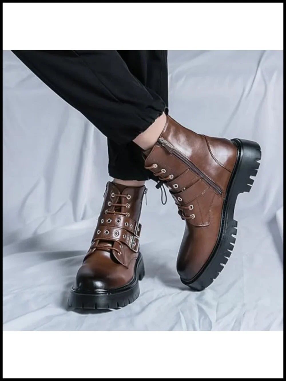 Men's Black Leather Platform Ankle Boots Lace up Side Zip Adjustable Buckle Lug